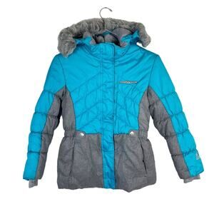 ZEROXPOSUR Blue & Gray Fitted Quilted Puffer Jacket Faux Fur Hood Sz 10/12 Girl